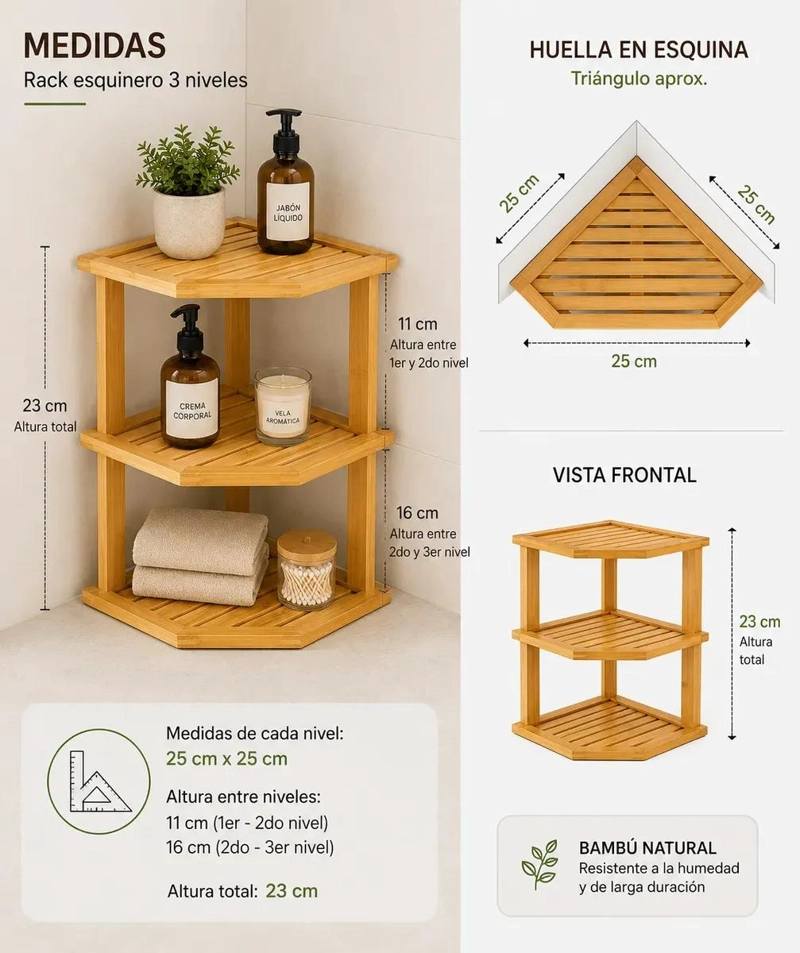 ESTANTE ESQUINERO DE BAMBU 3 NIVELES PARA ORDENAR ESPACIOS - 5