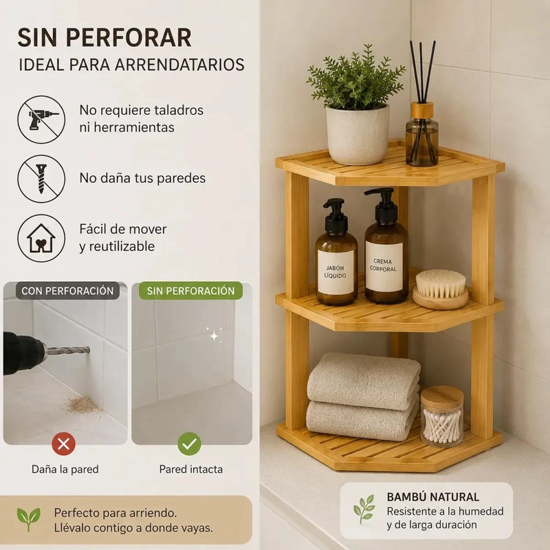 ESTANTE ESQUINERO DE BAMBU 3 NIVELES PARA ORDENAR ESPACIOS - 8