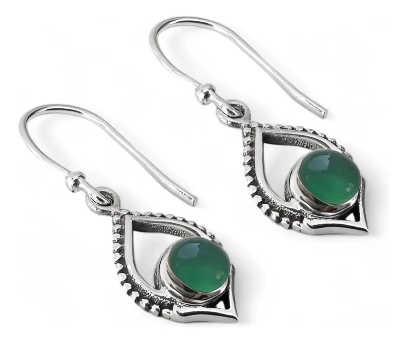 AROS DE PLATA FINA 925 CON ONIX VERDE ELEGANTES - 2