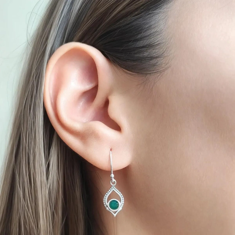 AROS DE PLATA FINA 925 CON ONIX VERDE ELEGANTES - 3