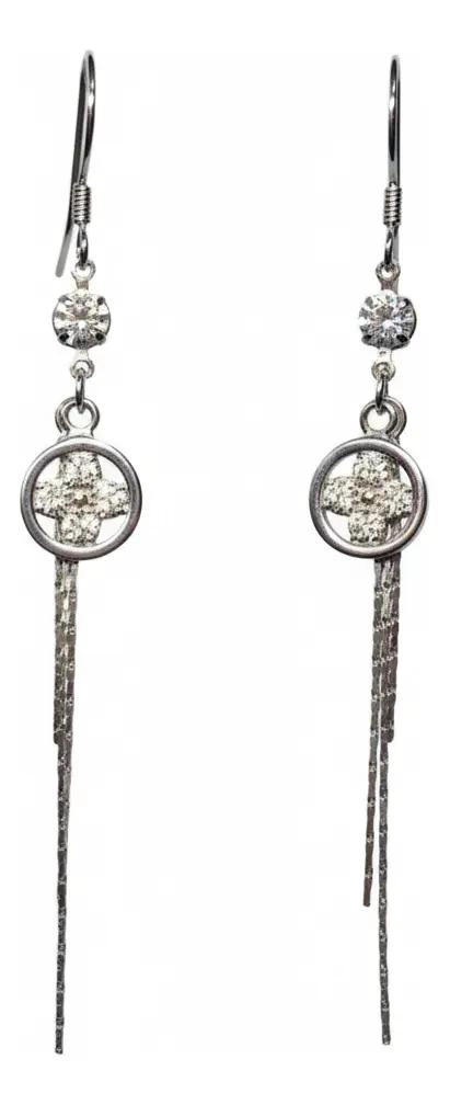 AROS LARGOS DE PLATA 925 CON DISEÑO FLORAL Y TOPE - 2