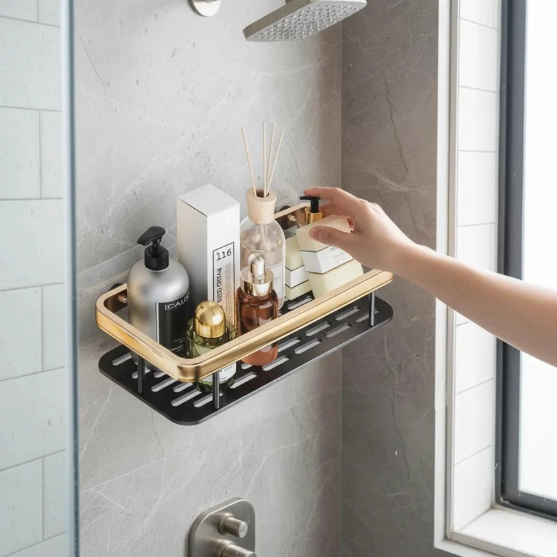 REPISA ORGANIZADOR DE BAÑO ALUMINIO NEGRO Y DORADO PACK DE 2 - 3