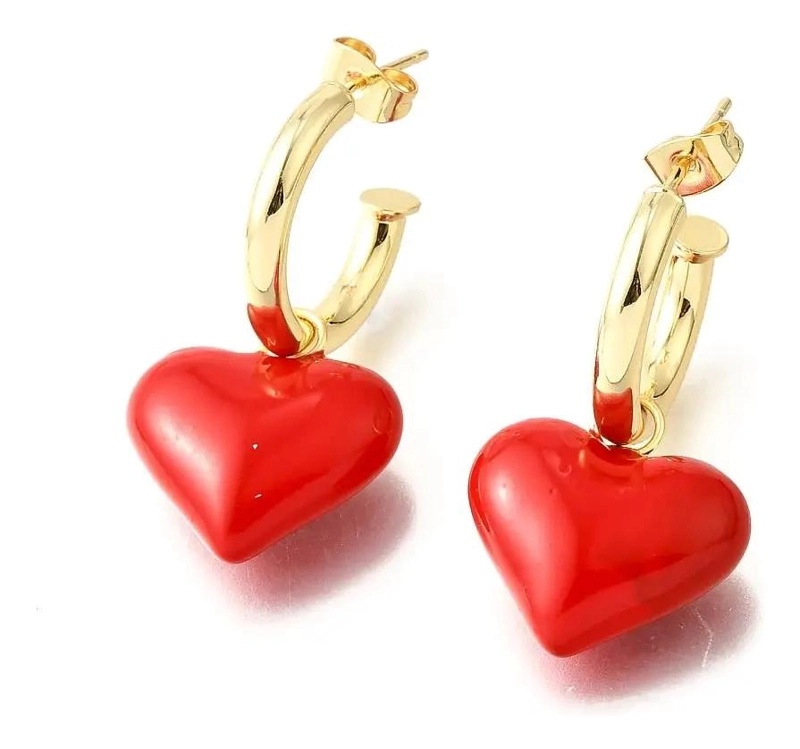 AROS DE ARGOLLA CON CORAZON ROJO Y BAÑO DE ORO PARA DAMA - 1