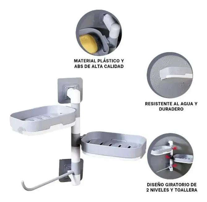 ORGANIZADOR DE DUCHA JABONERA GIRATORIA 3 NIVELES BLANCO Y GRIS - 9