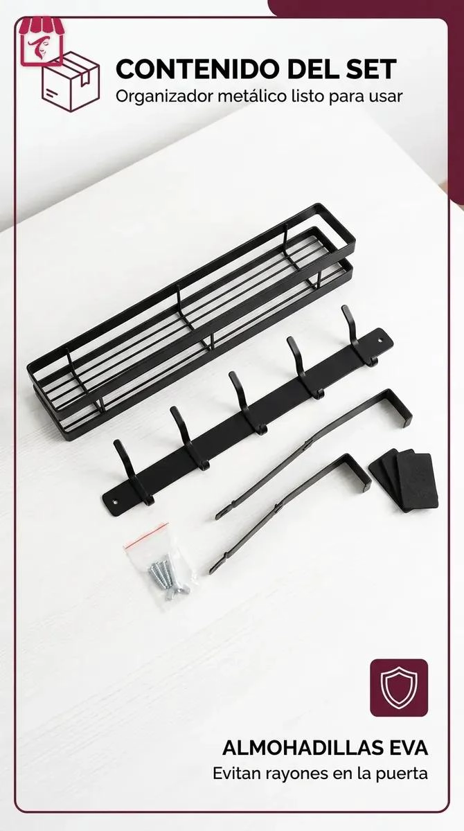 ORGANIZADOR COLGANTE MULTIFUNCIONAL PARA PUERTA CON REPISA Y GANCHOS - 10