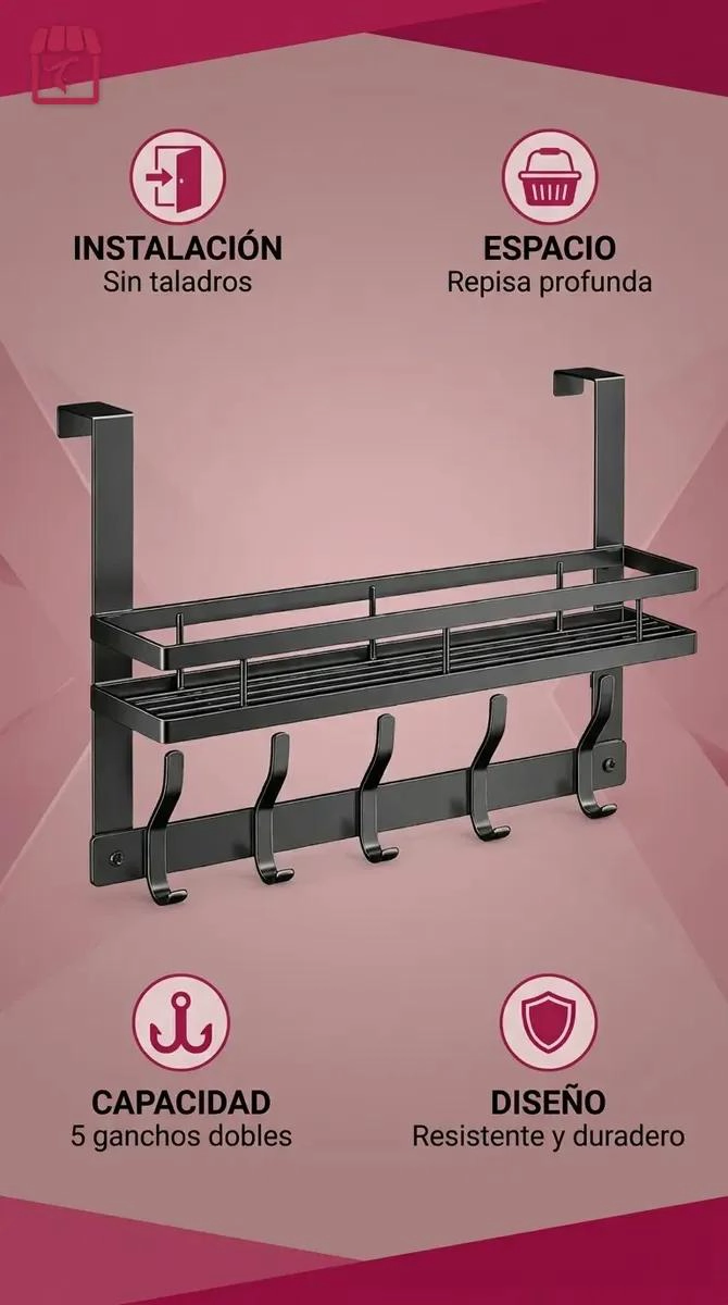 ORGANIZADOR COLGANTE MULTIFUNCIONAL PARA PUERTA CON REPISA Y GANCHOS - 3