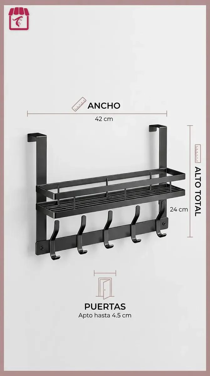 ORGANIZADOR COLGANTE MULTIFUNCIONAL PARA PUERTA CON REPISA Y GANCHOS - 5
