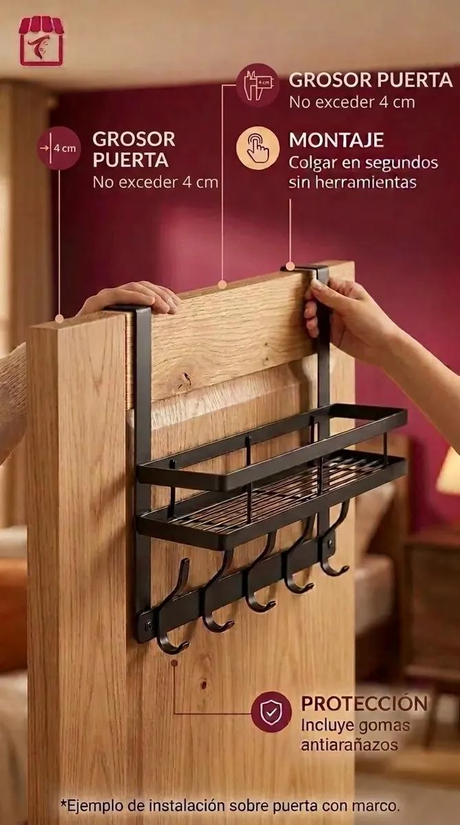 ORGANIZADOR COLGANTE MULTIFUNCIONAL PARA PUERTA CON REPISA Y GANCHOS - 6