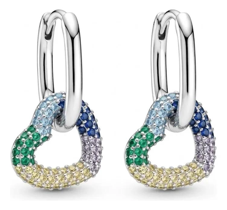 AROS DE PLATA 925 CON CORAZON PAVE  MULTICOLOR PARA MUJER - 1
