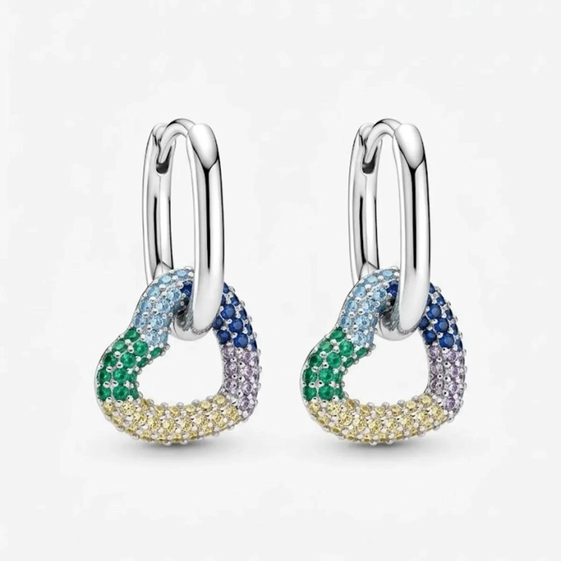 AROS DE PLATA 925 CON CORAZON PAVE  MULTICOLOR PARA MUJER - 2
