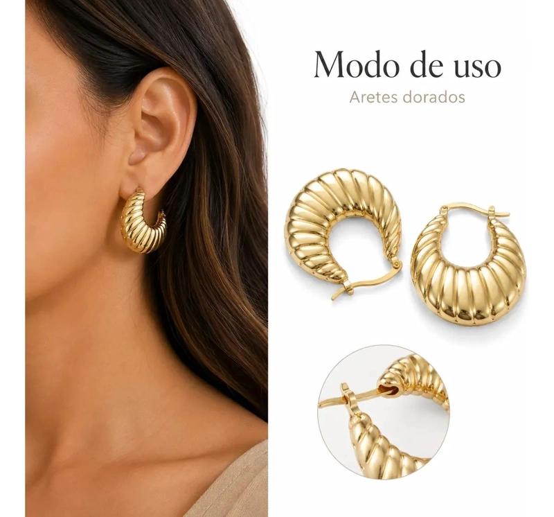 AROS ARGOLLAS BAÑO ORO 18K DISEÑO CROISSANT ELEGANTES - 2