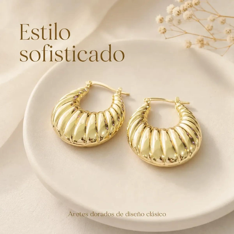 AROS ARGOLLAS BAÑO ORO 18K DISEÑO CROISSANT ELEGANTES - 5