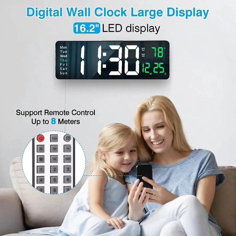 RELOJ DE PARED DIGITAL GRANDE CON TEMPERATURA Y MARCO VERDE - 8