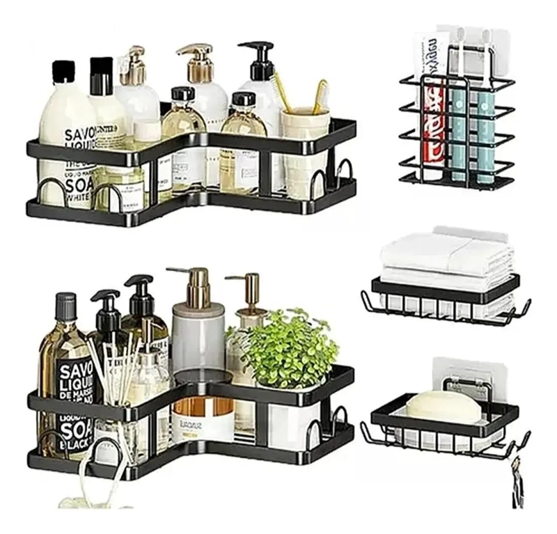 ORGANIZADOR DE DUCHA BAÑO METALICO ADHESIVO NEGRO DE 5 PIEZAS - 1