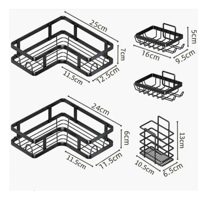 ORGANIZADOR DE DUCHA BAÑO METALICO ADHESIVO NEGRO DE 5 PIEZAS - 2