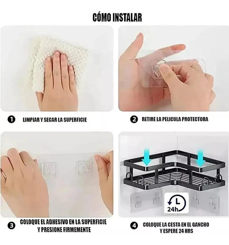 ORGANIZADOR DE DUCHA BAÑO METALICO ADHESIVO NEGRO DE 5 PIEZAS - 4