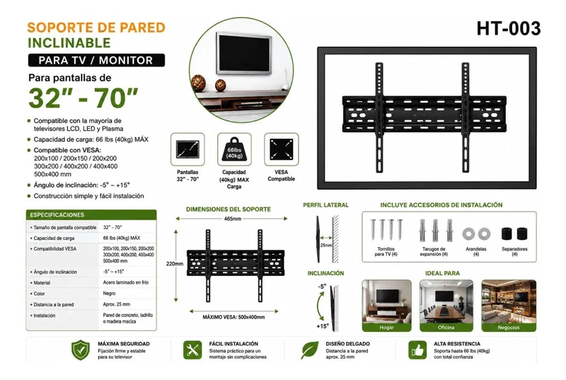 SOPORTE DE PARED INCLINABLE PARA TELEVISORES DE 32 A 70 PULGADAS - 2