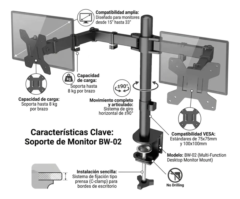 SOPORTE DOBLE ARTICULADO PARA MONITORES DE 15 A 33 PULGADAS - 3