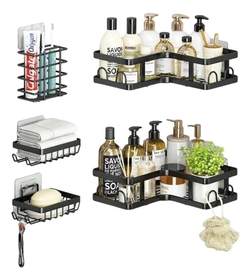 ORGANIZADOR DE DUCHA ADHESIVO SET DE 5 PIEZAS EN COLOR NEGRO - 3