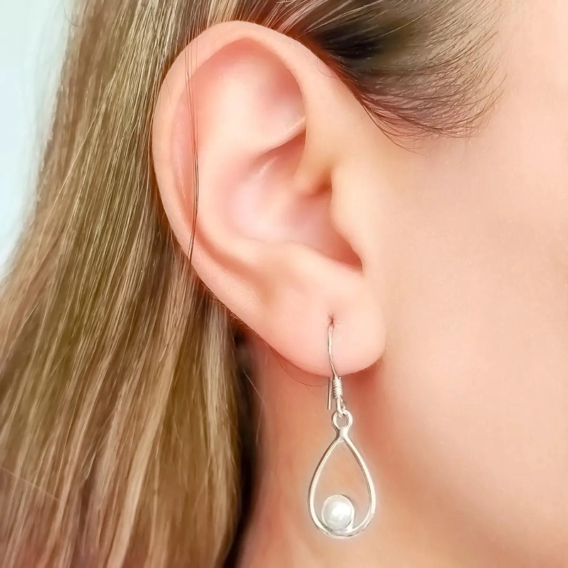 AROS GOTA CALADA CON PERLA DE RIO EN PLATA FINA 925 - 3