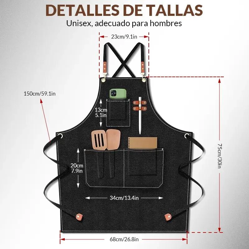DELANTAL DE COCINA AJUSTABLE UNISEX CON BOLSILLOS Y DISEÑO PRACTICO - 9