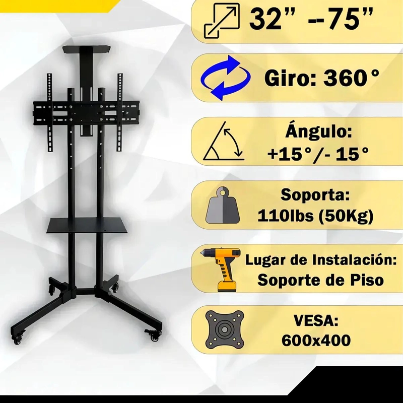 SOPORTE PEDESTAL MOVIL PARA TELEVISORES DE 32 A 75 PULGADAS - 3