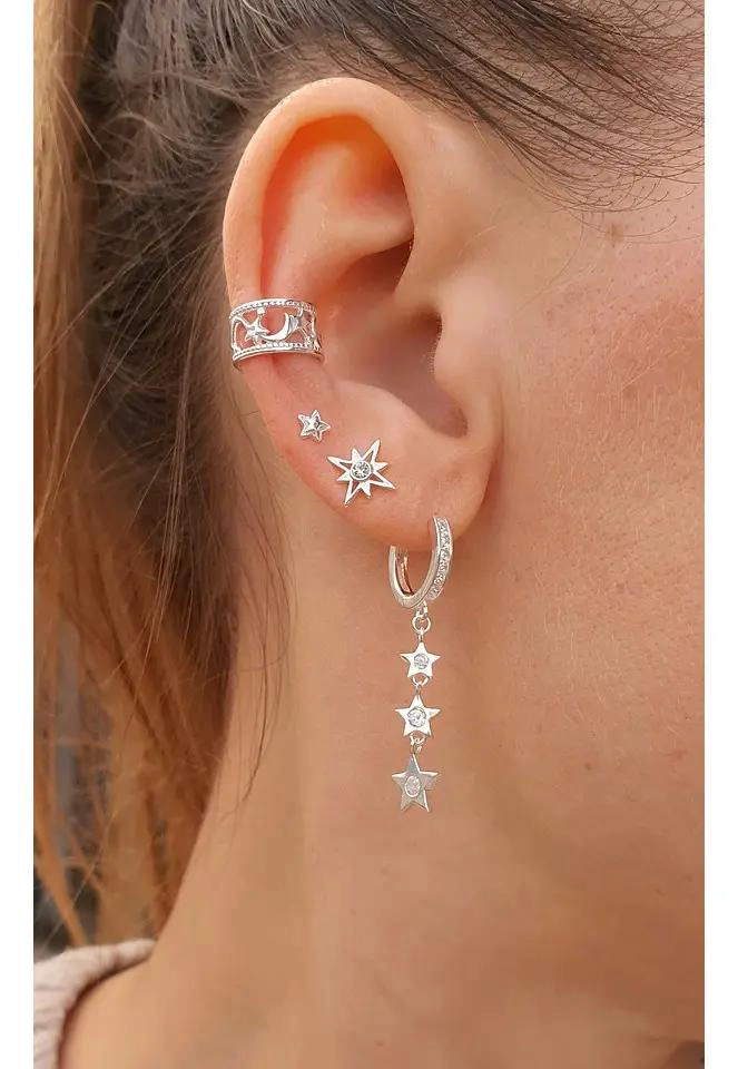 ARO A PRESION LUNAS Y ESTRELLAS EN PLATA 925 PARA OREJA - 2