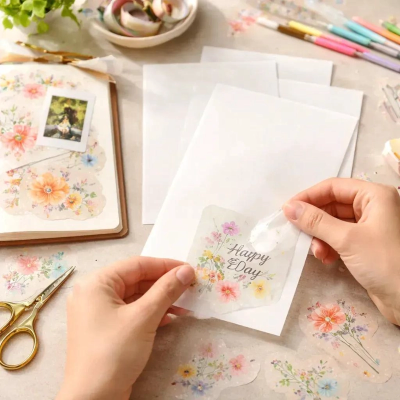PAPEL ADHESIVO TRANSPARENTE BRILLANTE A4 PARA MANUALIDADES Y ETIQUETAS - 1