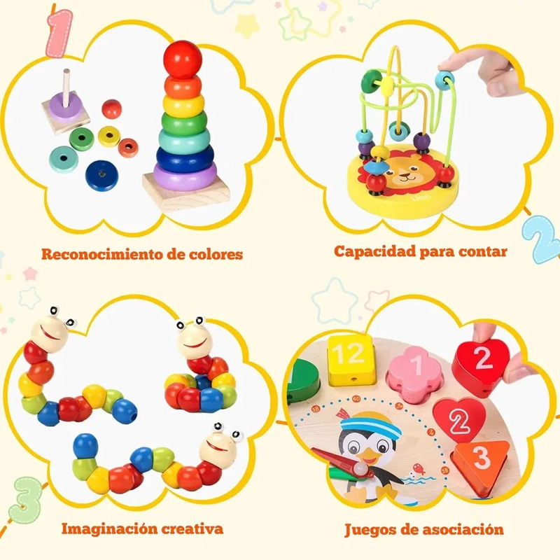 PACK DE 11 JUGUETES DIDACTICOS DE MADERA MULTICOLOR PARA NIÑOS - 6