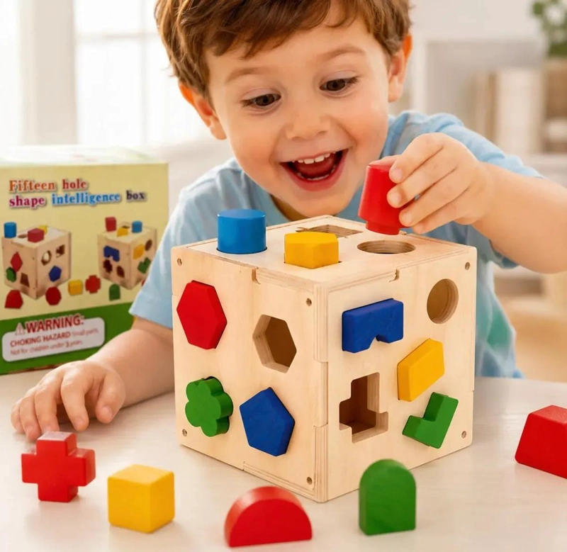 CUBO DIDACTICO DE MADERA CON 15 PIEZAS DE ENCAJE - 1