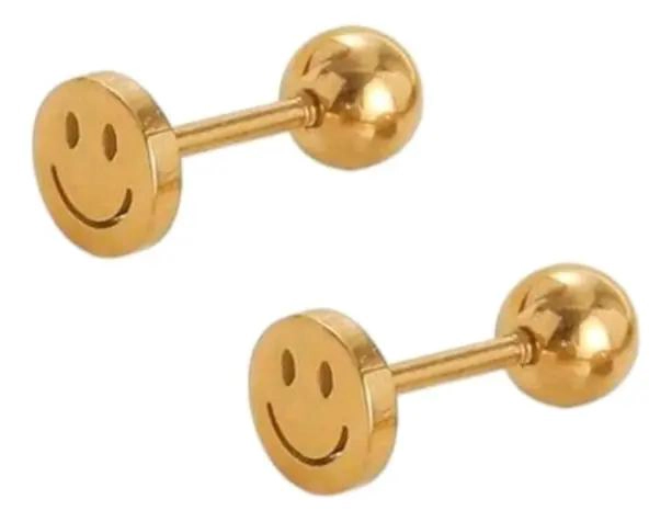 AROS CARITA FELIZ PARA NIÑAS CON TOPE DE TORNILLO EN ORO 18K - 1