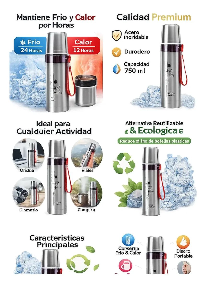 TERMO DE ACERO INOXIDABLE 750 ML CON TAPA Y CORREA - 2