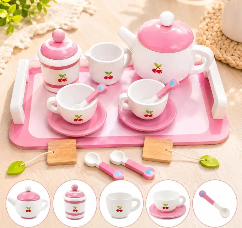 JUEGO DE TE  INFANTIL DE MADERA 11 PIEZAS CON BANDEJA - 1