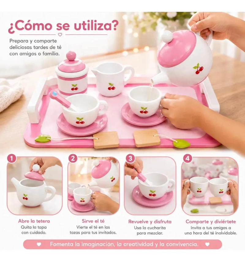 JUEGO DE TE  INFANTIL DE MADERA 11 PIEZAS CON BANDEJA - 4