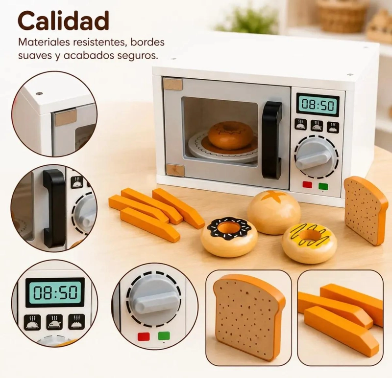 MICROONDAS DE MADERA INFANTIL 8 PIEZAS PARA JUEGO DE ROLES - 3