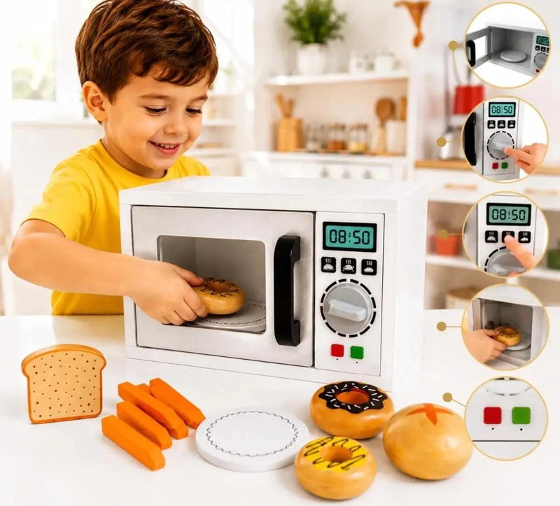 MICROONDAS DE MADERA INFANTIL 8 PIEZAS PARA JUEGO DE ROLES - 5