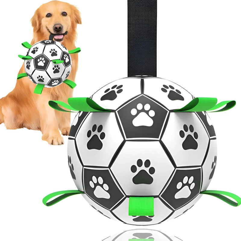 PELOTA DE FUTBOL INTERACTIVA PARA PERROS CON CORREAS DE AGARRE - 1