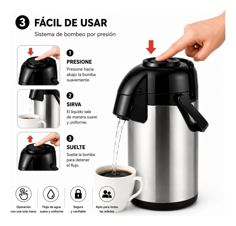 TERMO DE PRESION 3 LITROS PARA BEBIDAS CALIENTES Y FRIAS - 3