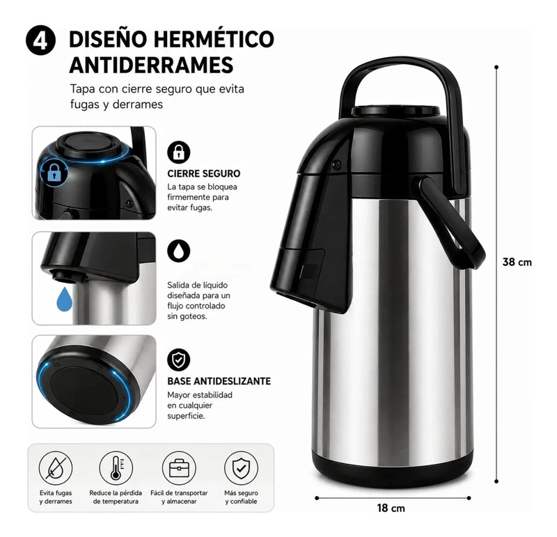 TERMO DE PRESION 3 LITROS PARA BEBIDAS CALIENTES Y FRIAS - 4