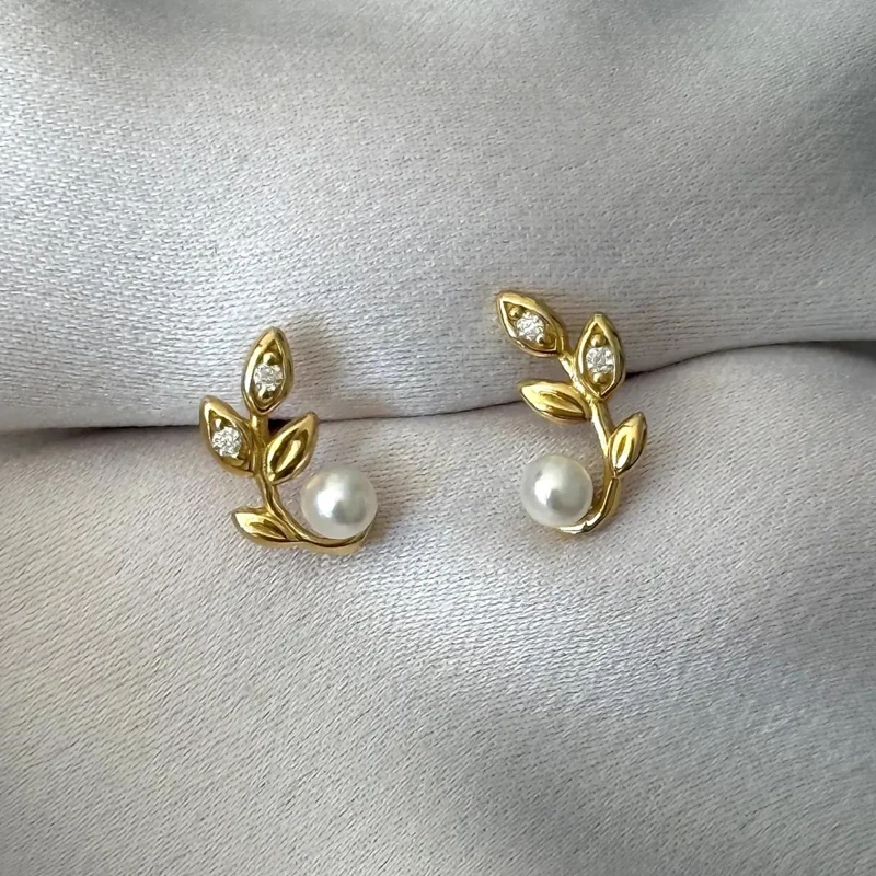 AROS DE HOJAS CON PERLA EN PLATA 925 PARA MUJER Y NIÑA - 1