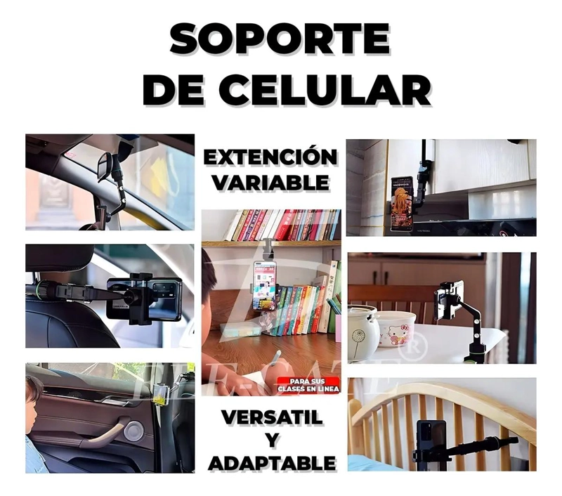 SOPORTE PARA CELULAR AUTO ESPEJO RETROVISOR ARTICULADO NEGRO - 8