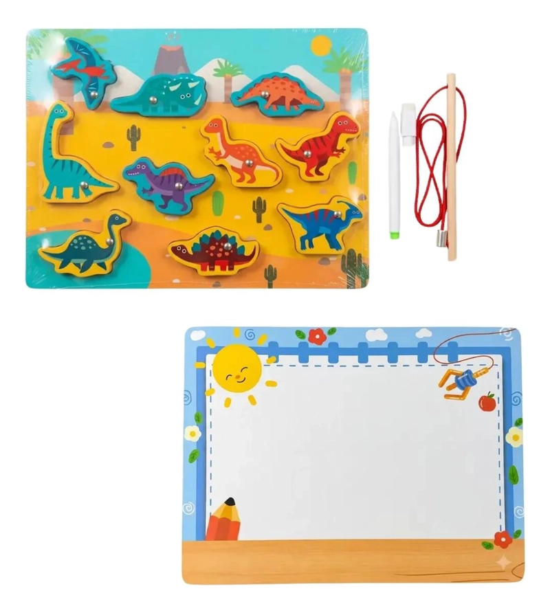 TABLERO DIDACTICO MADERA 3 EN 1 PARA NIÑOS CON DINOSAURIOS - 1