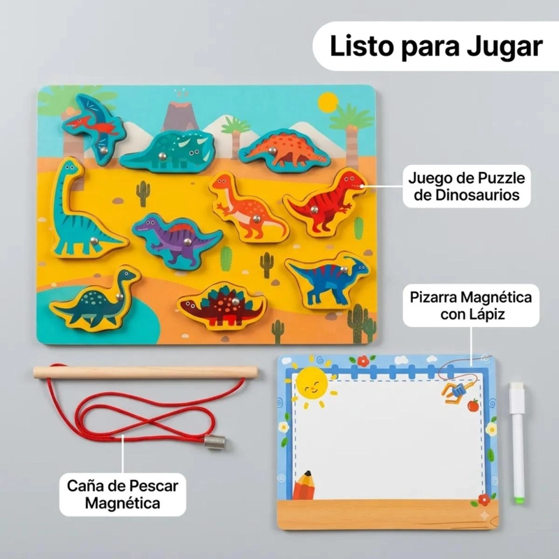 TABLERO DIDACTICO MADERA 3 EN 1 PARA NIÑOS CON DINOSAURIOS - 10