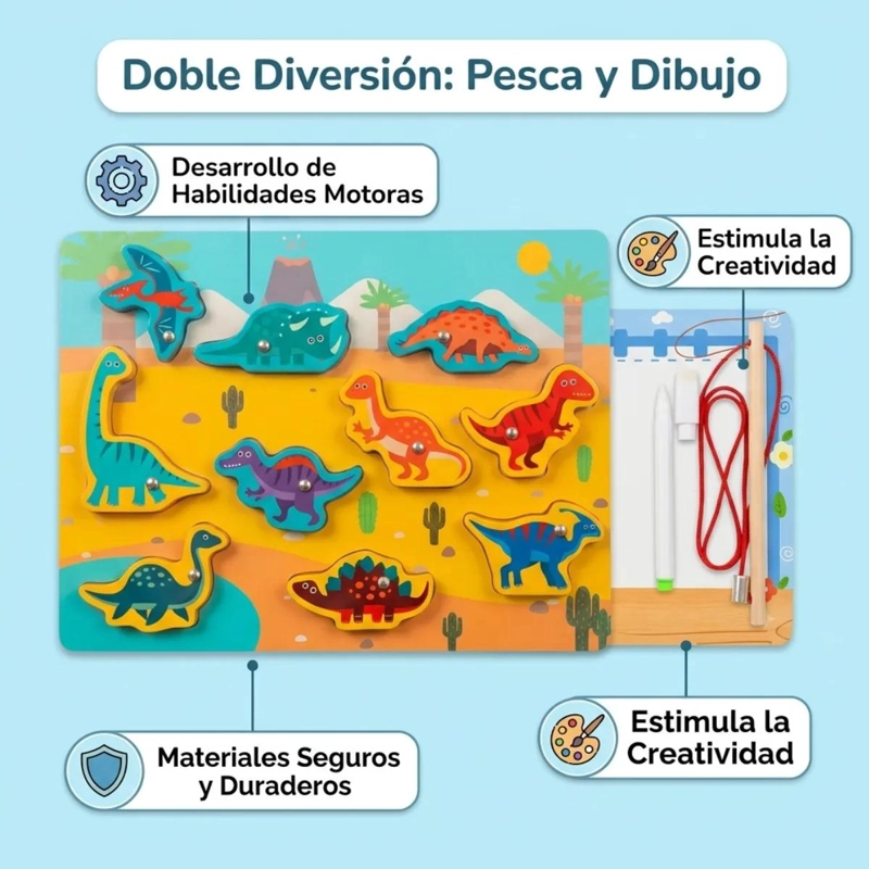 TABLERO DIDACTICO MADERA 3 EN 1 PARA NIÑOS CON DINOSAURIOS - 2