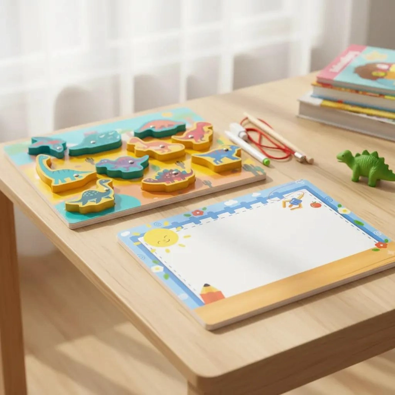 TABLERO DIDACTICO MADERA 3 EN 1 PARA NIÑOS CON DINOSAURIOS - 3
