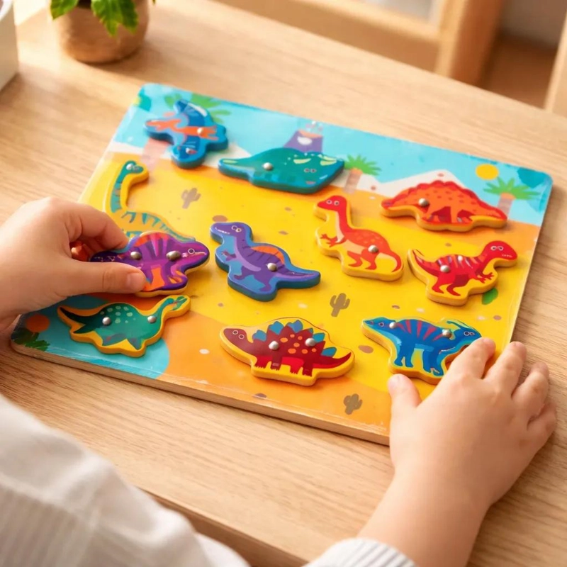 TABLERO DIDACTICO MADERA 3 EN 1 PARA NIÑOS CON DINOSAURIOS - 4