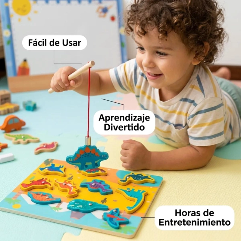 TABLERO DIDACTICO MADERA 3 EN 1 PARA NIÑOS CON DINOSAURIOS - 5