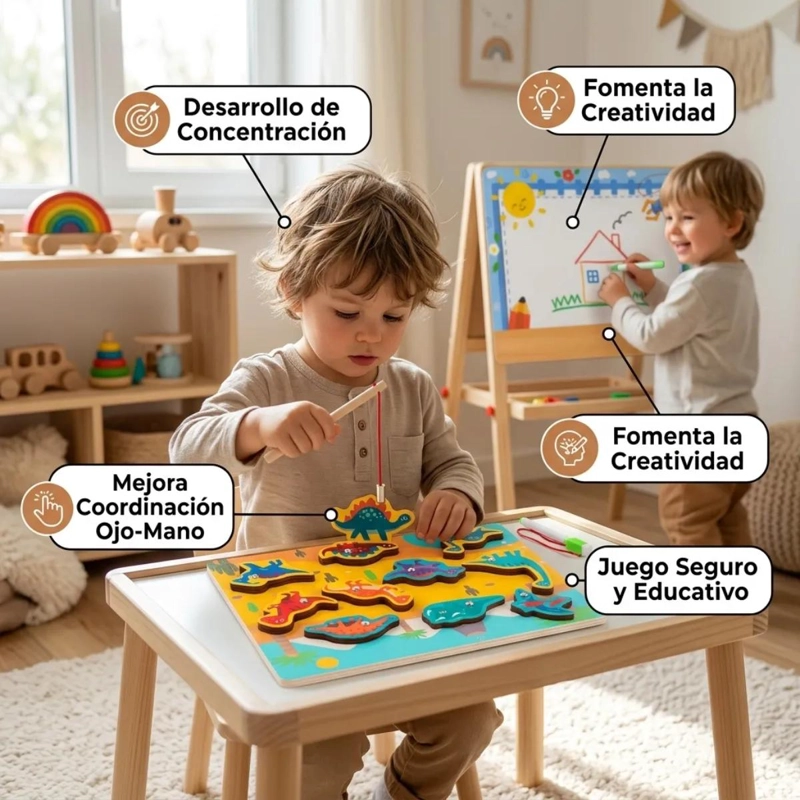 TABLERO DIDACTICO MADERA 3 EN 1 PARA NIÑOS CON DINOSAURIOS - 6