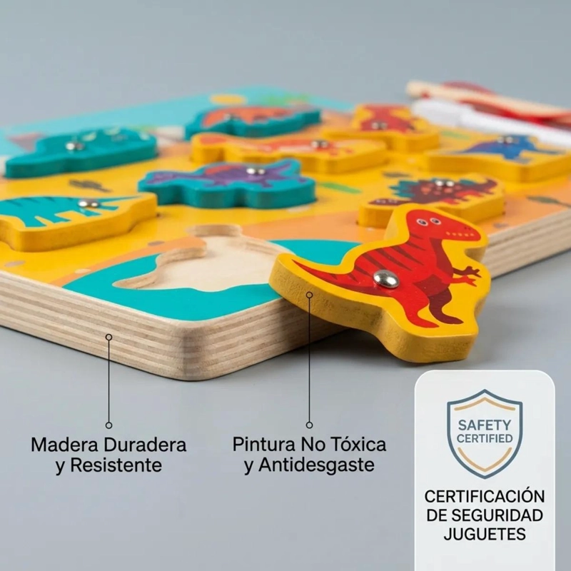 TABLERO DIDACTICO MADERA 3 EN 1 PARA NIÑOS CON DINOSAURIOS - 7