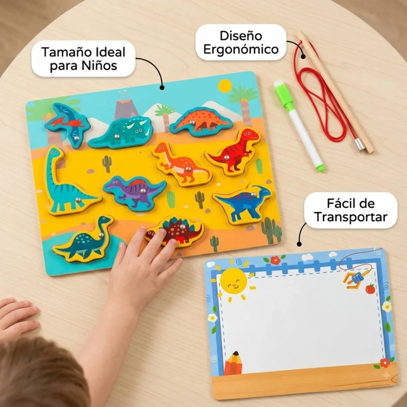 TABLERO DIDACTICO MADERA 3 EN 1 PARA NIÑOS CON DINOSAURIOS - 8